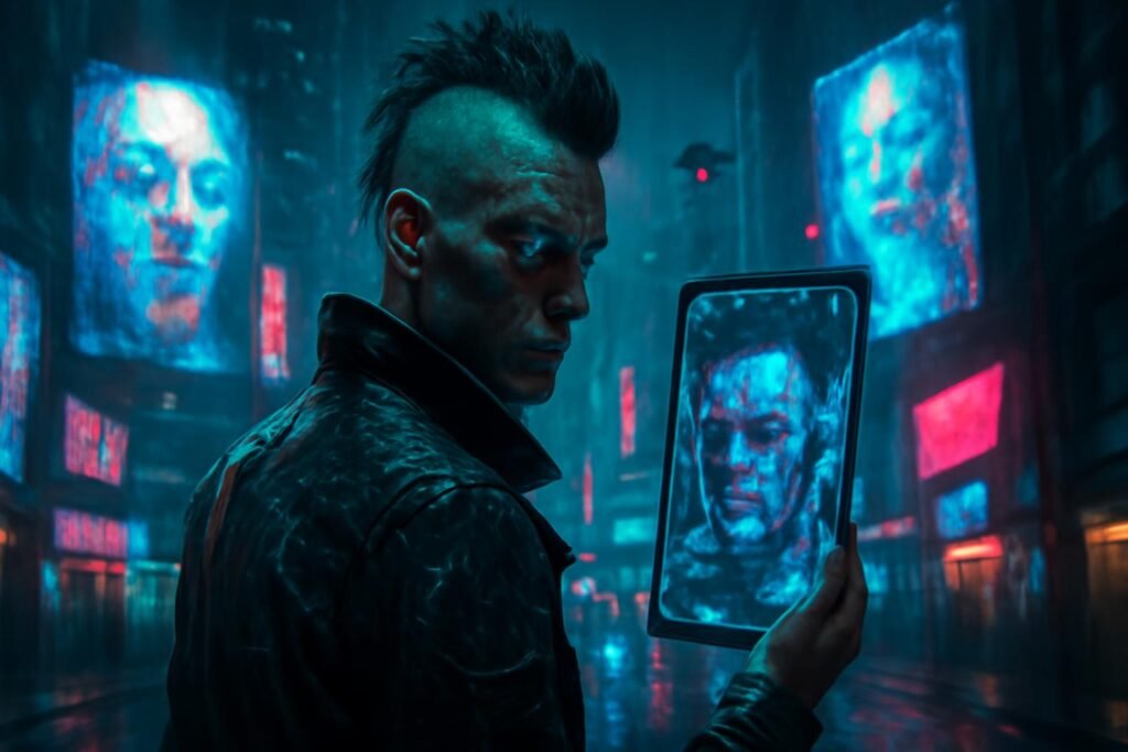 Los desafíos de las noticias falsas y los deepfakes en la era de la IA Create a highly realistic, horizontal landscape image (aspect ratio 16:9) in a cybernetic postpunk futuristic style. Depict a gritty, neon-lit cyberpunk city street at night, with towering skyscrapers covered in holographic billboards displaying distorted, glitching deepfake faces and abstract digital patterns. In the foreground, a defiant white man with pale skin, punk mohawk hairstyle, leather jacket with circuit patterns, glowing neural implants, and augmented eyes reflecting digital distortions stands holding a holographic device that shows a fractured mirror of his own face as a deepfake. The atmosphere is dark and edgy, with rain-slicked streets, flickering neon signs in electric blue and pink, flying drones overhead, and subtle postpunk elements like urban decay and cybernetic enhancements seamlessly integrated into human forms. High detail, photorealistic rendering, cinematic lighting with high contrast shadows, no text or words anywhere in the image.